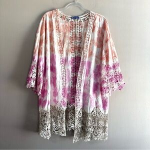 Democracy Tie Dyed Crochet Lace Gypsy Boho Embroidered Open Front Kimono